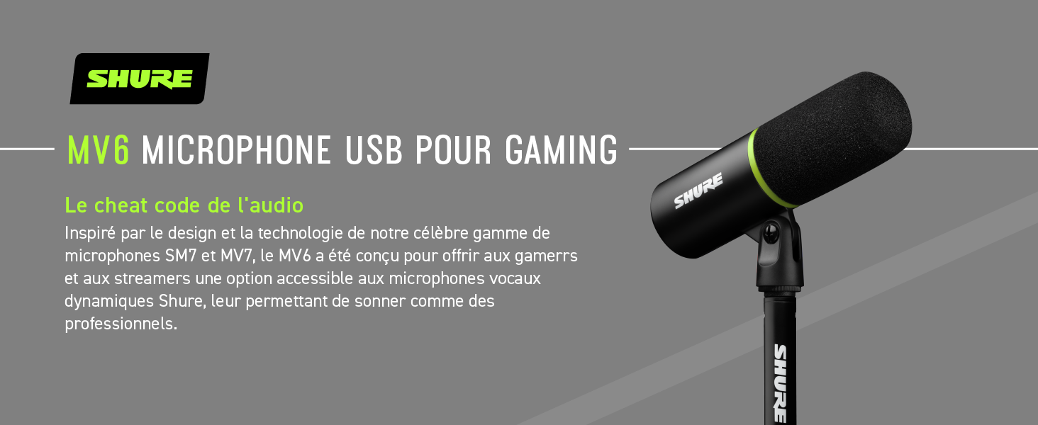 Shure MV6 Micro USB Gaming, USB-C, Microphone Dynamique, Mode Auto Level, Digital Popper Stopper