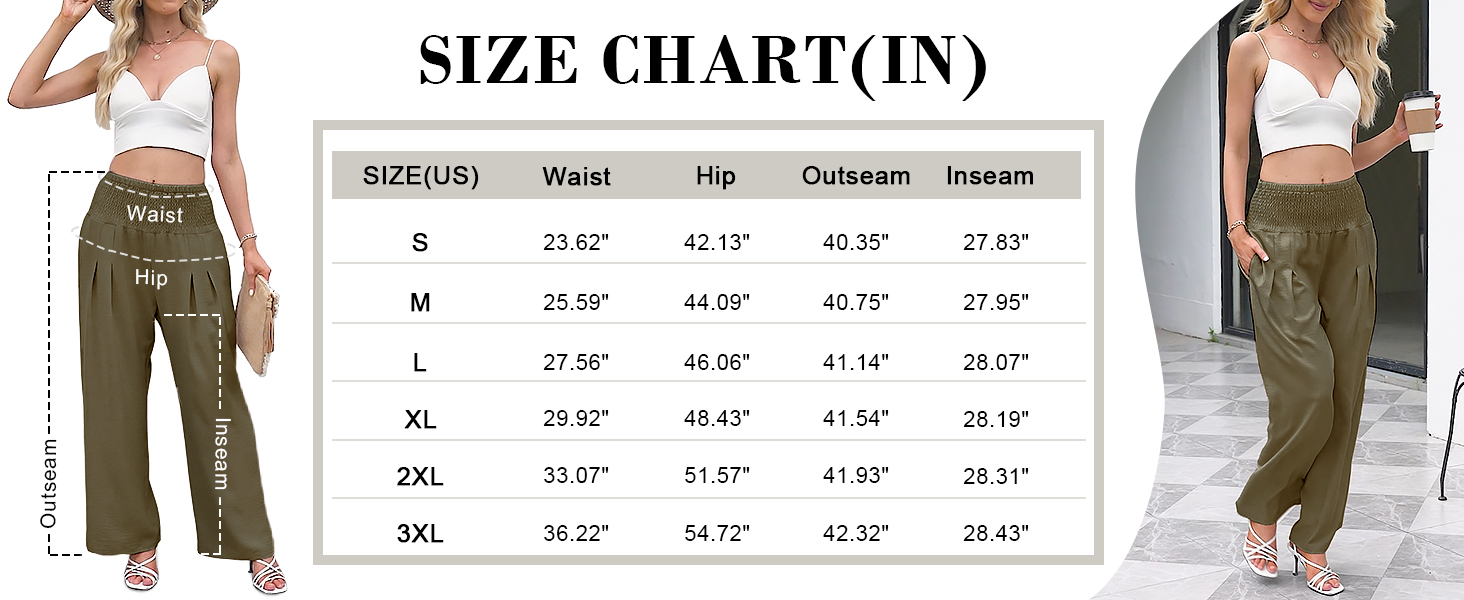 Size Chart for Angerella Women Casual Wide Leg Summer Beach Pants