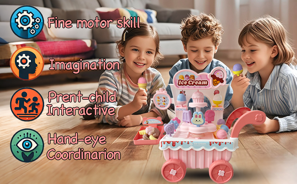 Ice Cream Cart Toy Play Set for Kids, Pretend Play Ice