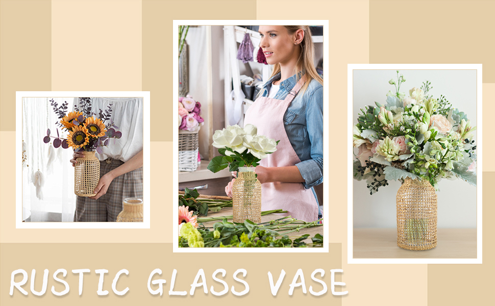 Glass Flower Vase with Rattan Cover