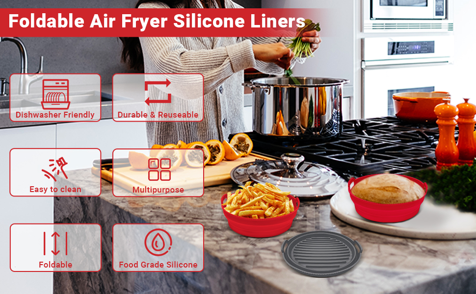 Joymicre Silicone Air Fryer Liners, 8.5Inch Collapsible for 5qt to 8qt Foldable