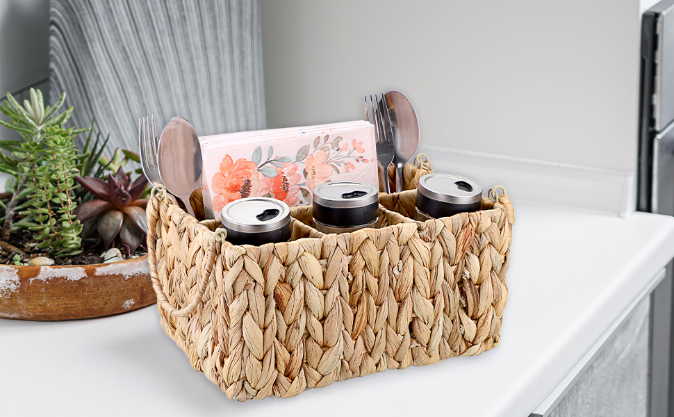 BSTKEY Water Hyacinth Flatware Organizer, Hand Woven Cutlery Holder