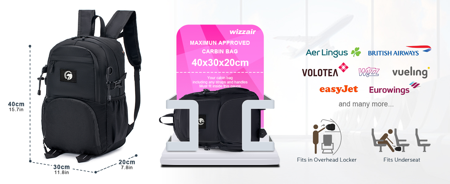 Image composite montrant un sac à dos noir, une étiquette de bagage rose et les logos des compagnies aériennes. Le sac à dos possède plusieurs compartiments et sangles. L'étiquette de bagage affiche le texte « Stockholm ».