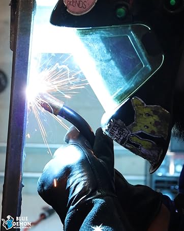 blue demon pano welding helmet closeup