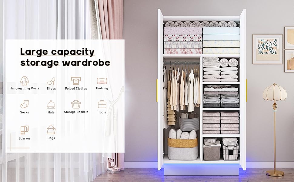 Modern 70in LED 2 Doors Armoires Wardrobe Closet White with Hanging Rod