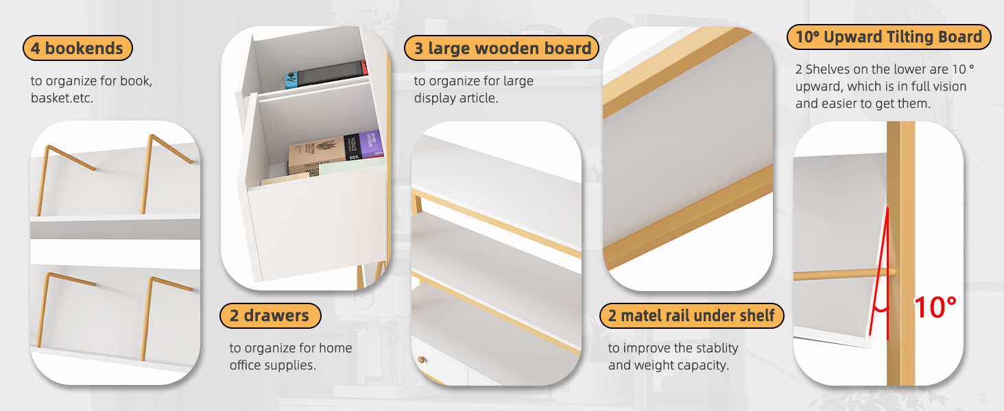 YAOHUOO Bookshelf with Drawers Widen Industrial Book Shelf with