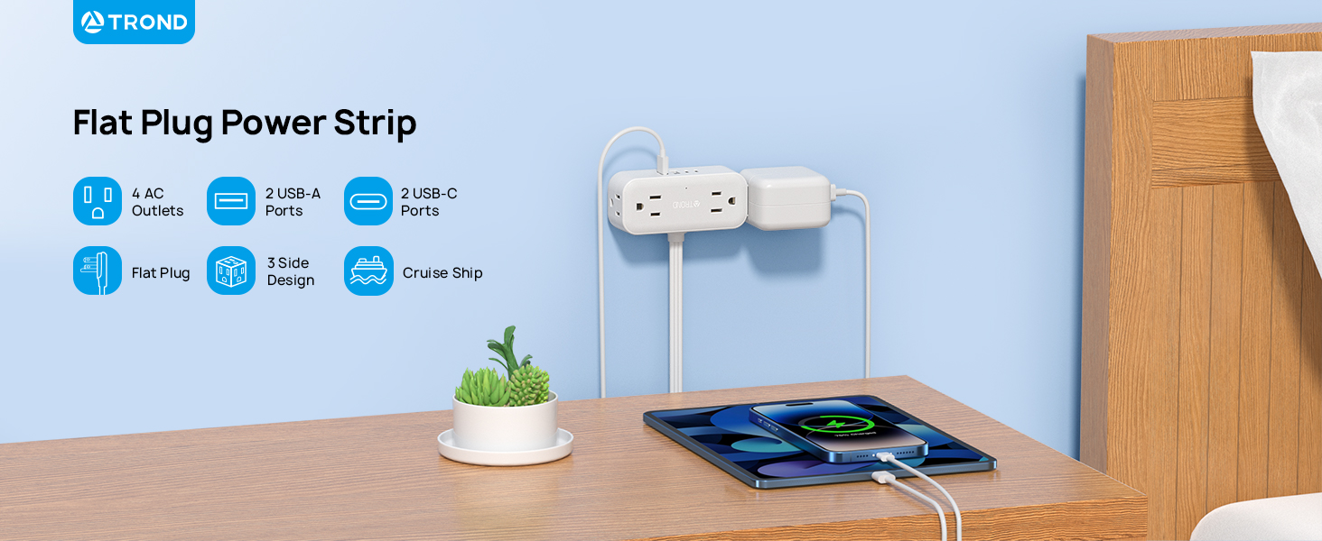 TROND Travel Power Strip, 5FT Flat Plug Extension Cord with 4 USB Ports (2 USB C), 4
