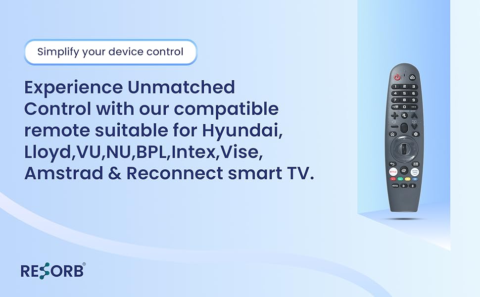 Resorb Hyundai, Lloyd,VU,NU,BPL,Intex,Vise,Amstrad,Reconnect Smart LED TV compatible remote