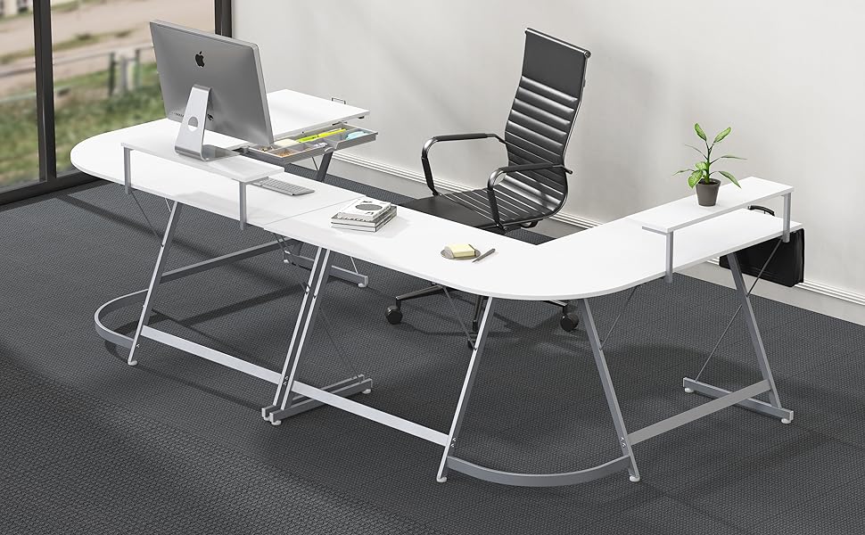 SHW Vista LShape Desk with Monitor Stand, White Home & Kitchen