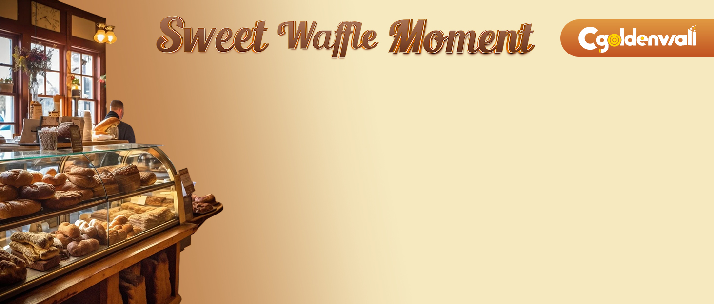 Interior of a bakery or café with a glass display case filled with baked goods. Warm lighting and 'Sweet Waffle Moment' text visible in the scene.