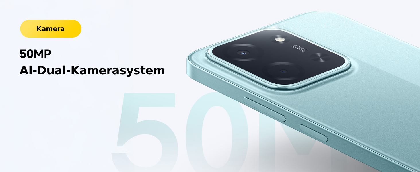 Nahaufnahmen eines Smartphones mit Kameraschnittstelle und Linsensystem, wobei die 50-Megapixel-Textüberlagerung des AI-Dual-Kamerasystems hervorgehoben wird. Gerät aus mehreren Blickwinkeln in hellblau/mintfarbener Farbe.