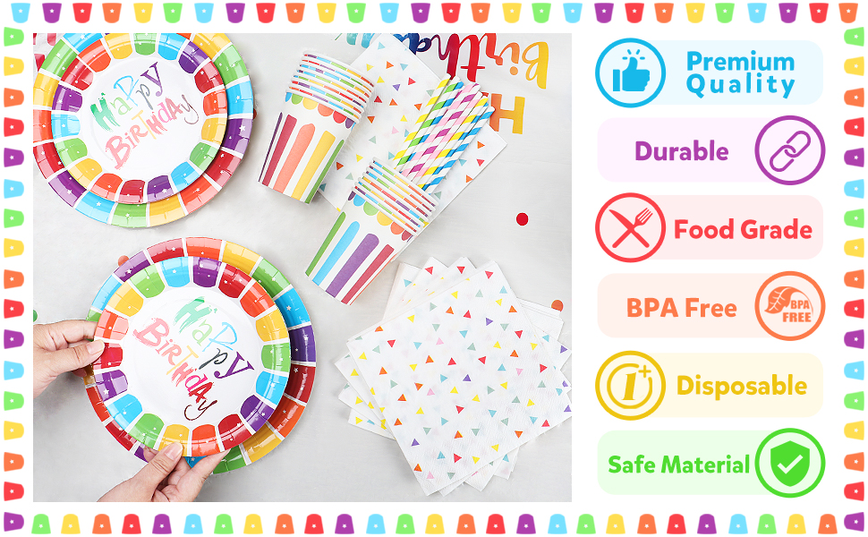 Jonvell Rainbow Birthday Party Tableware Set 101PCS Kids Rainbow