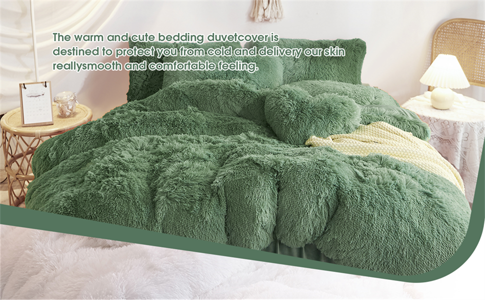 HAIHUA Fluffy Sage Green Comforter Cover Set Queen,Faux Fur Green
