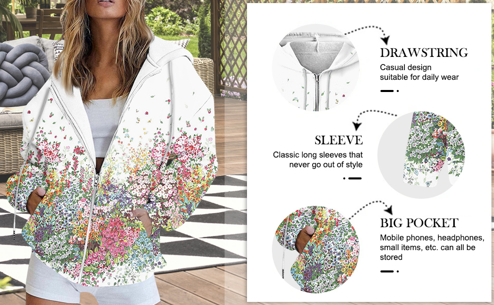 floral printed;long sleeve;drawstring hoodie;sweatshirt with pockets