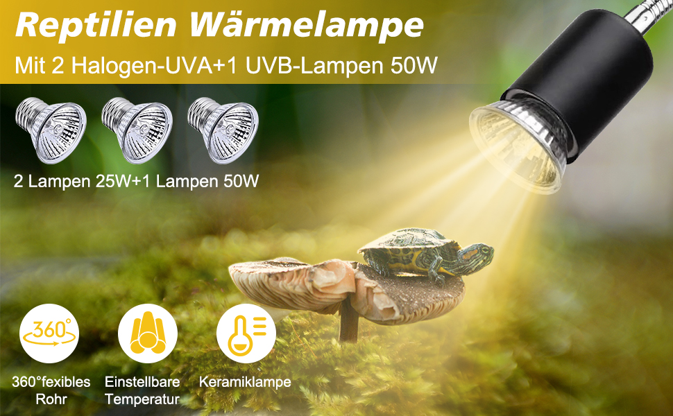 Reptilien-Wärmelampe mit 2 Halogen-UVA- und 1 UVB-Lampe (50 W), mit 360-Grad-flexiblem Hals und einstellbarer Temperaturregelung. Abgebildet ist die Beleuchtung einer sonnenbadenden Oberfläche.