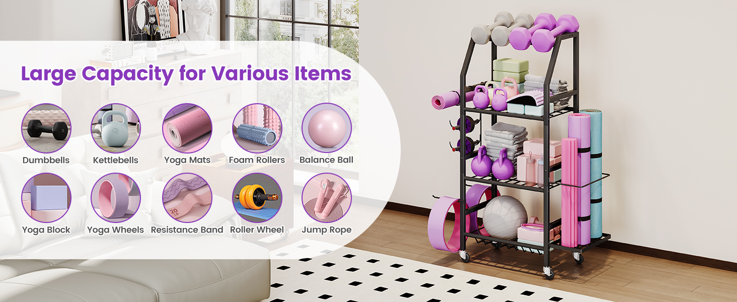 Homeiju Dumbbell Rack, Weight Rack for Home Gym, Yoga Mat Storage Holder with Lockable Wheels, Dumbbell Stand with Hooks, All in One Work out Equipment Storage for Yoga Mat Dumbbell and Balls 13 Dumbbell Rack, 4 Tier Weight Rack for Home Gym, Yoga Mat Storage Holder with Lockable Wheels