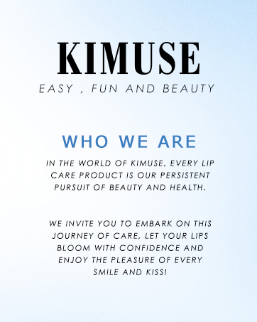 Brand information page with 'KIMUSE' logo and 'WHO WE ARE' section against light blue background, featuring company mission statement text.