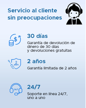 en español. Cuenta con una garantía de devolución del dinero de 30 días, una garantía limitada de 2 años y asistencia personalizada en línea las 24 horas del día, los 7 días de la semana. Incluye íconos