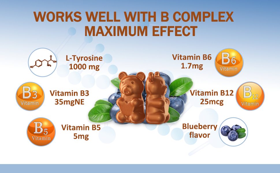 L Tyrosine Gummies 1000mg with B Complex,  Memory and Focus, Cognition, Mood, Stress - Relief