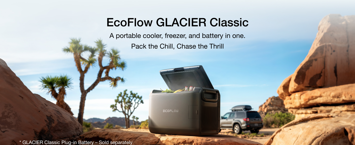 EcoFlow GLACIER Classic portable cooler/freezer with battery, shown in desert setting. Gray device on rocky terrain with car and desert plants in background.