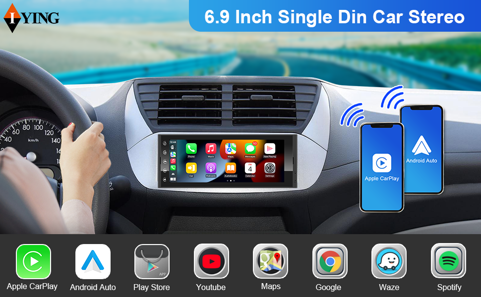 Single Din Touchscreen Car Stereo Wireless CarPlay Wireless Android Auto, 6.9 Inch
