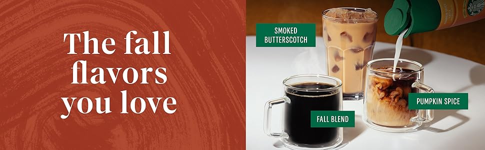 Two mugs with black and creamed coffee and a tall iced coffee glass. The fall flavors you love