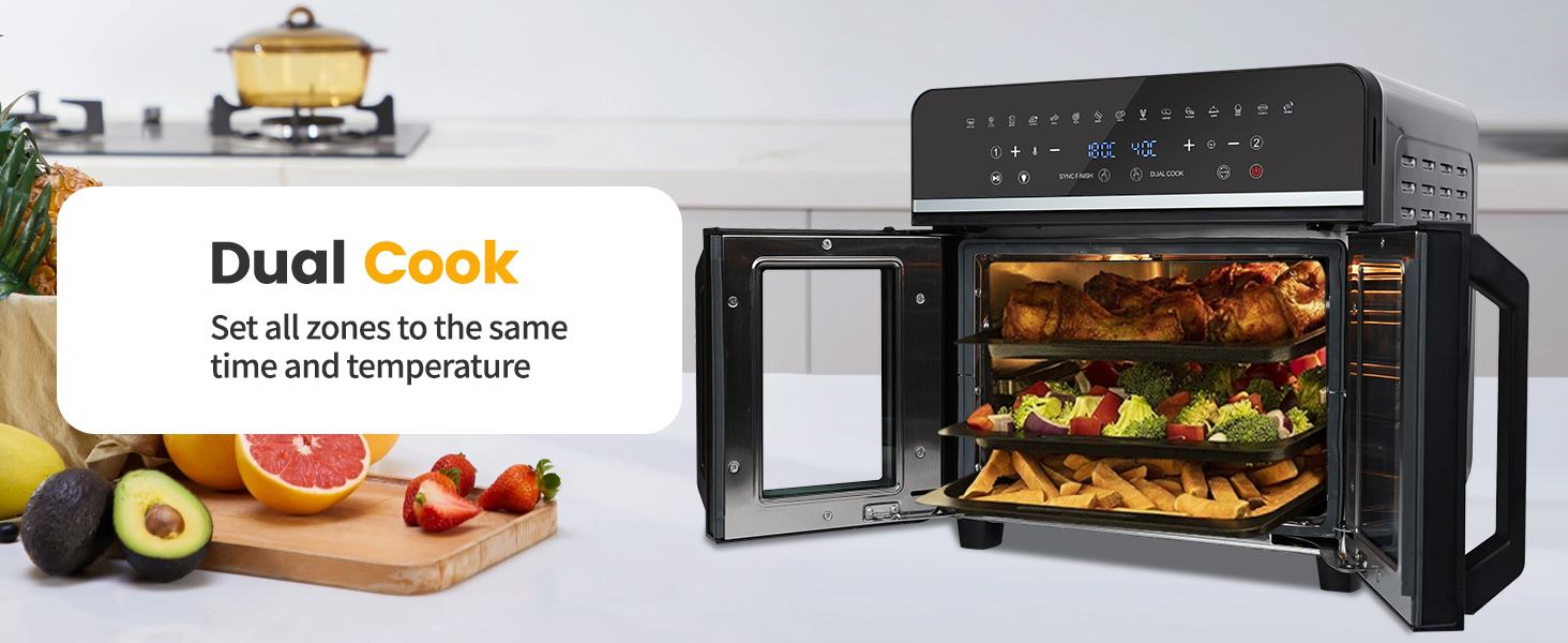 Black countertop oven with dual cooking zones, showing multiple racks of food cooking simultaneously. Open door displays interior capacity with multiple dishes.