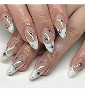 White French Tip Press on Nails Star Fake Nails Medium Almond False Nails with Design Rhinestone ...