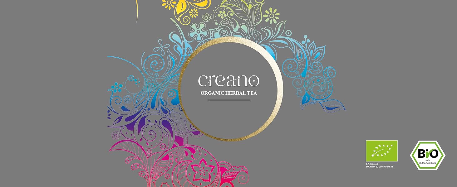 Logo circolare con testo «Creano», circondato da disegni floreali colorati e ispirati alla natura. Due etichette di certificazione verdi visibili nell'angolo in basso a destra