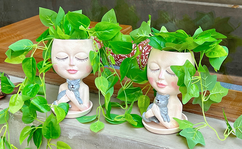 Head Plant Pot Face Planters Cute Lady Hugging Cat