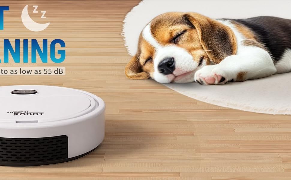 Text reads 'QUIET CLEANING'. Series of images showing robotic vacuum cleaner operating on wooden floor surface.