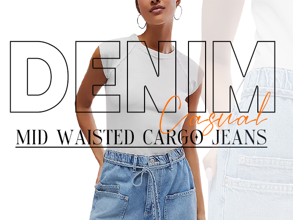 Women Wide Leg Jeans Elastic Mid Waist Belt Baggy Jeans