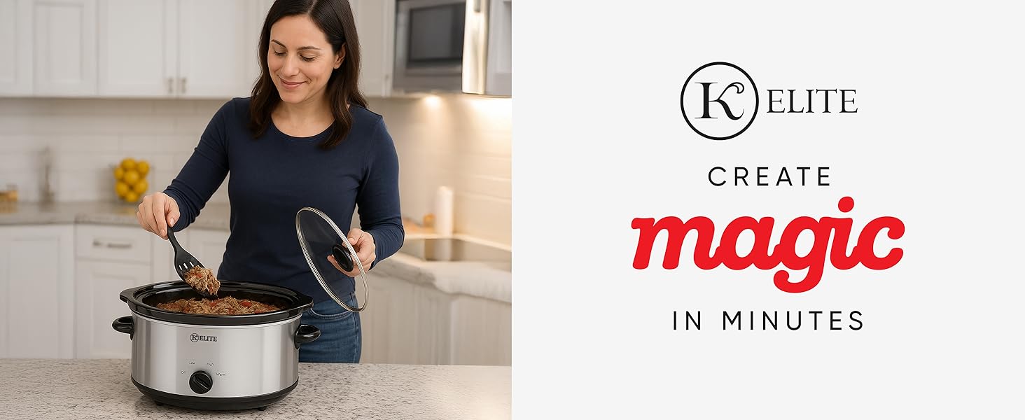 A woman cooking pot roast in a slow cooker. Text reads: Create Magic in Minutes.