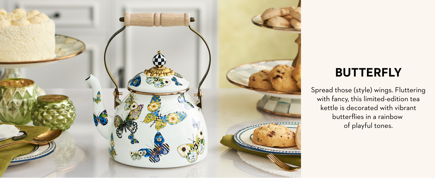 New butterfly design on iconic tea kettle.