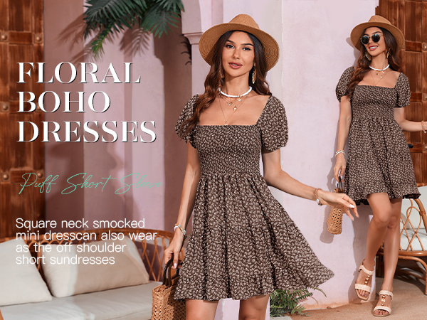 Veatzaer Women's Smocked Dress Ditsy Floral Dress Ruffle