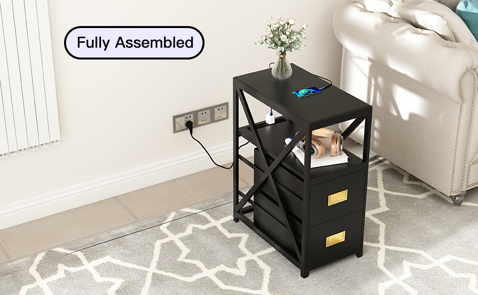 BECTSBEFF Fully Assembled Narrow Side Table with Charging