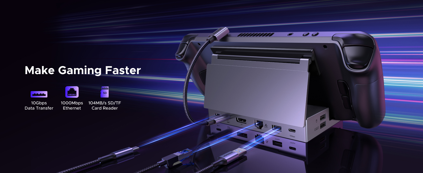 Black handheld gaming device with large screen, rear grip, and multiple ports. Text 'Make Gaming Faster' with icons for high refresh rate, low latency, and custom UI.