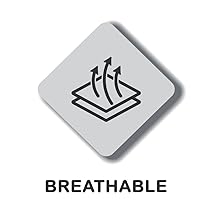 Icon of three upward arrows above a rectangle. Text below reads 'BREATHABLE', indicating a product feature.