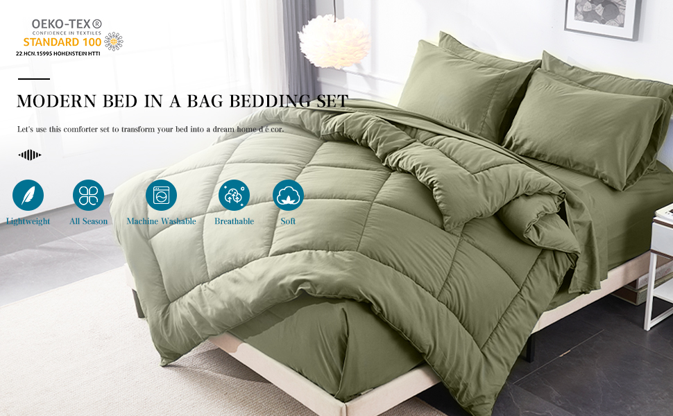 Newspin Queen Bed in a Bag 7 Pieces Sage Green Comforter