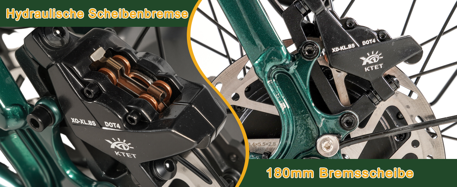 Nahaufnahme des hydraulischen Scheibenbremssystems eines Fahrrads mit grünem Rahmen, schwarzem Bremssattel und 160-mm-Bremsscheibe