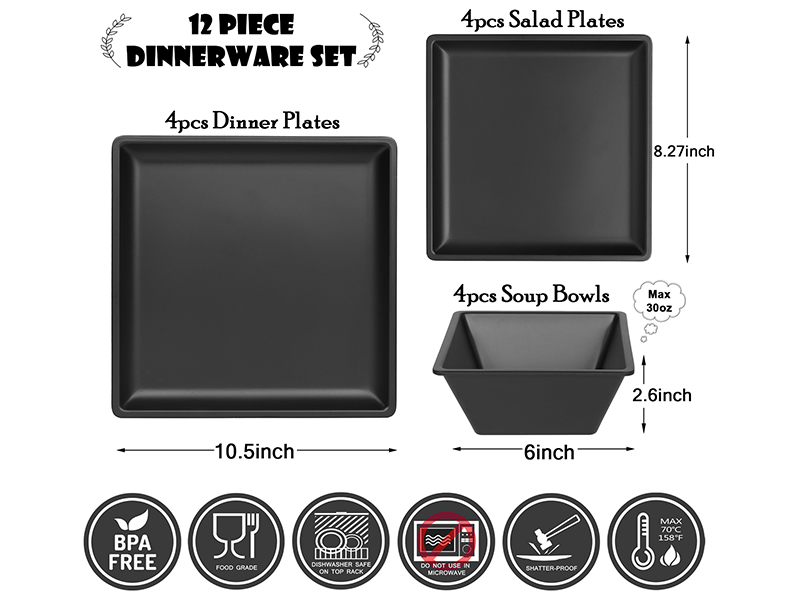 12 Piece Melamine Plates and Bowls Sets Square Dinner Set with Plates, Dishes, Bowls
