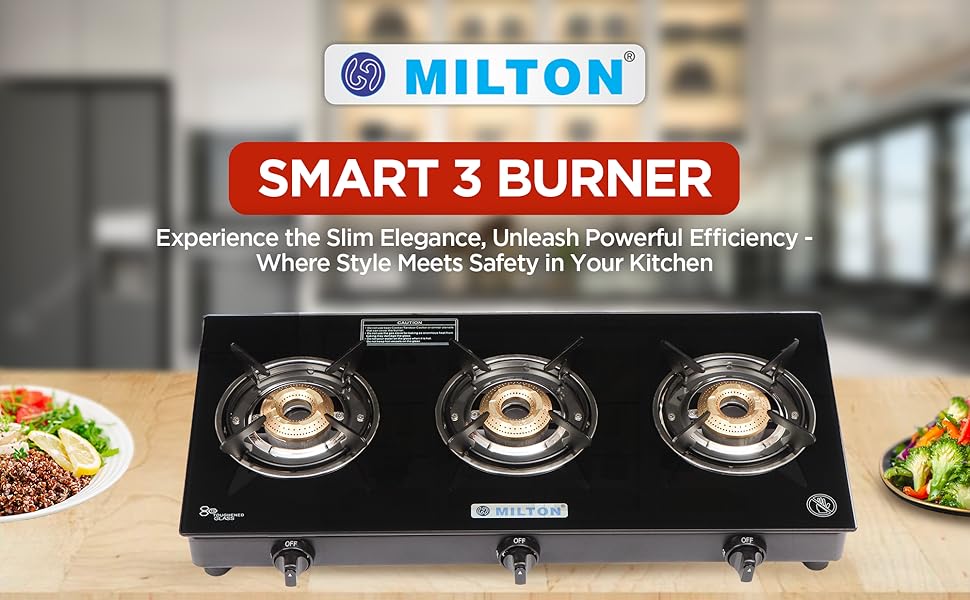 MILTON Smart Toughened Glass Top Gas Stove 3 Burners I Auto Ignition I