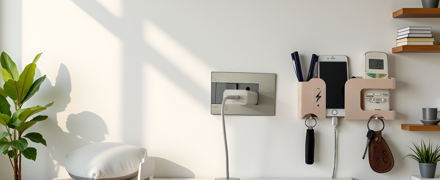 A modern, minimalist living room with a sleek wall-mounted shelf