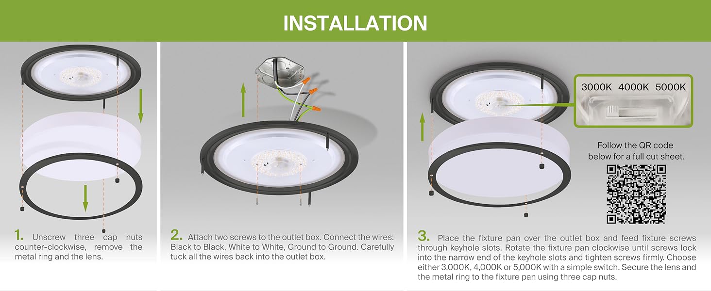 Easy 3-Step Installation Hardwired Ceiling Flush Mounted Unscrew Connect Wires Place Pan