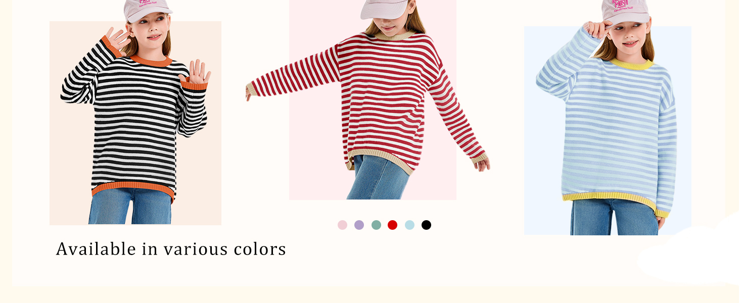 Girls Sweater Casual Long Sleeve Crewneck Striped Color Block Knit Pullover Tops