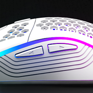 Close-up of a white gaming mouse with honeycomb pattern design, featuring blue and pink LED lighting accents along the sides.