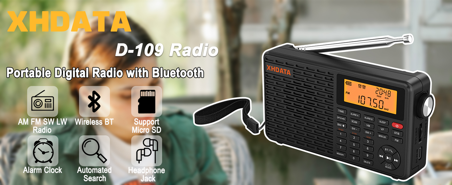 XHDATA D109 Portable Rechargeable Digital Radio with Bluetooth SW/LW/MW