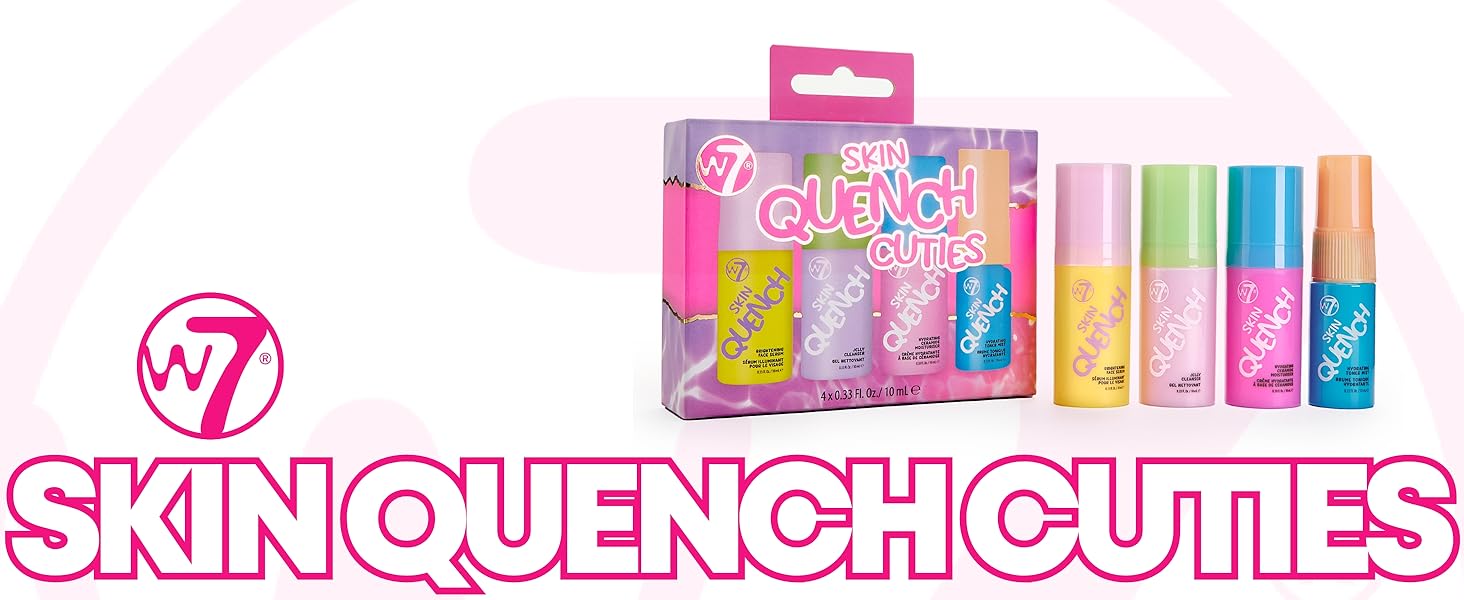 Text reads 'SKINQUENCHCUTIES' at top. Beauty or cosmetic product display featuring colorful packaging and what appears to be makeup or skincare items arranged in a promotional layout.