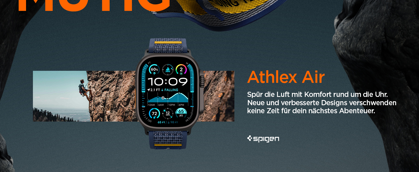 Der Text lautet: "Athlex Air". Ψηφιακή οθόνη με Benutzeroberfläche mit Berghintergrund und Symbolen zur Aktivitätserfassung.