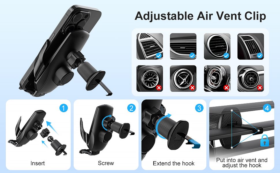 Car phone mount installation guide showing four-step process for adjustable air vent clip with detailed instructional icons.